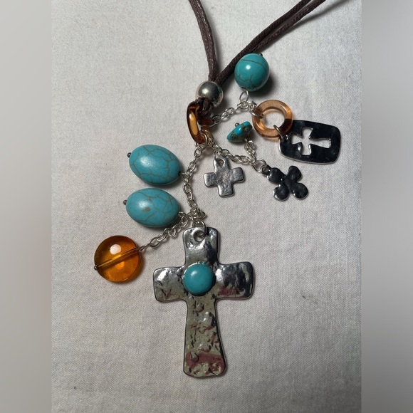 Cross Charm Necklace Silver with Turquoise - Picture 2 of 4